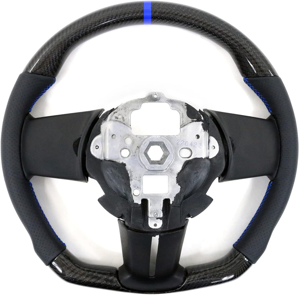 IKON MOTORSPORTS, Steering Wheel Compatible with 2010-2014 Ford Mustang, Steering Wheel Bodykit Replacement Carbon Fiber & Leather Blue Stitch & Indicator, 2011 2012 2013
