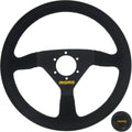MOMO Motorsport MOD.69 Suede Racing Steering Wheel – 350mm, 39mm Deep Dish, Yellow Horn, 3-Spoke, 6-Bolt Aluminum Frame – Authentic MOMO Italian Aftermarket Wheel. Quick Release Hub Adapter Required