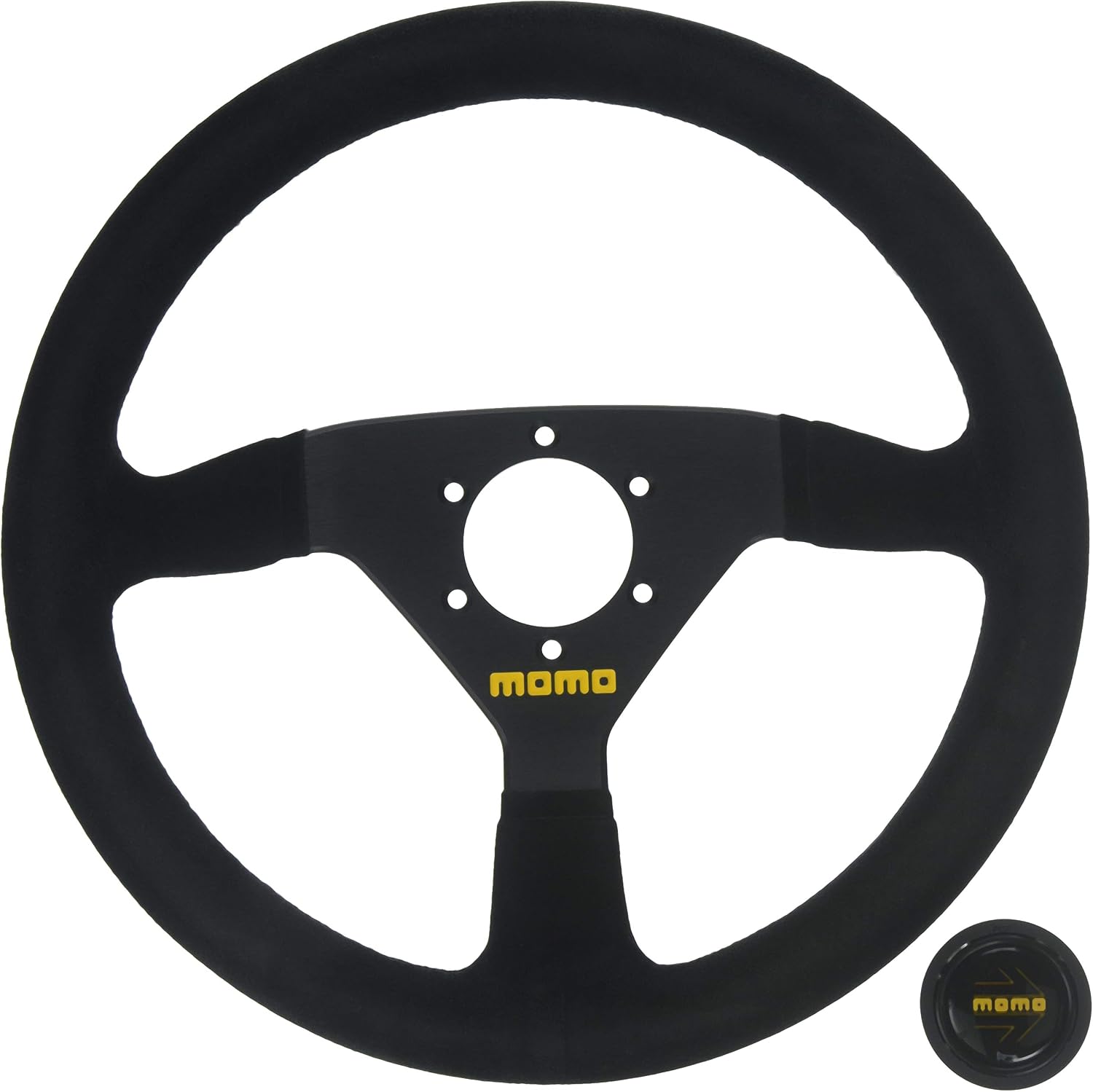 MOMO Motorsport MOD.69 Suede Racing Steering Wheel – 350mm, 39mm Deep Dish, Yellow Horn, 3-Spoke, 6-Bolt Aluminum Frame – Authentic MOMO Italian Aftermarket Wheel. Quick Release Hub Adapter Required