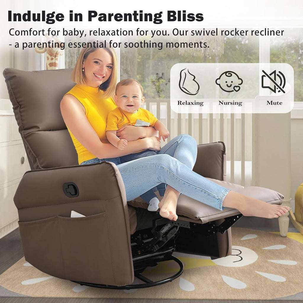 cinkehome Swivel Rocker Recliner Chair, Modern Faux Leather Manual Recliner, Glider Recliner, 360 Swivel, 30 Rocking, Relaxing, Living Room, Bedroom