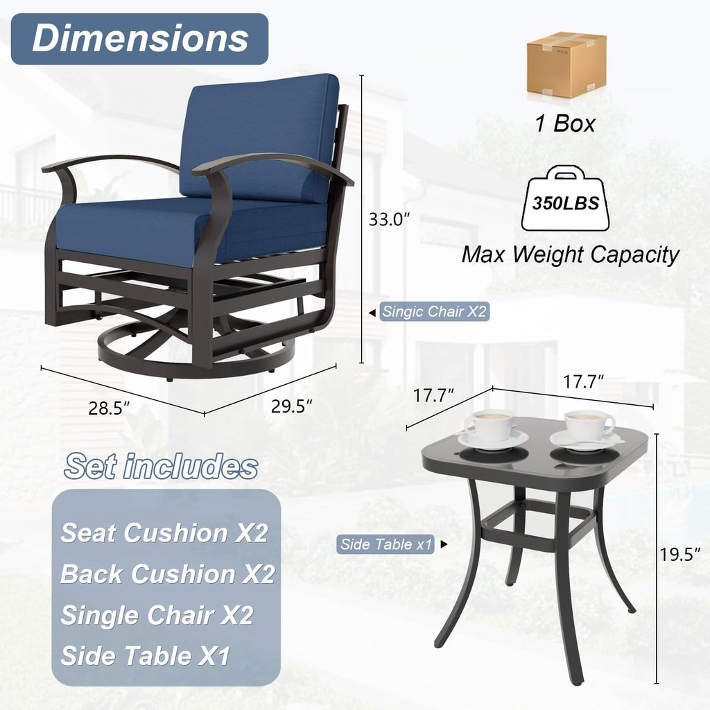 Kurapika 3 Pieces Patio Furniture Set, Outdoor Aluminum Swivel Gliders Rocker, Patio Bistro Set Rocking Chair with Thickened Cushions and Side Table for Porch Garden(Navy Blue)