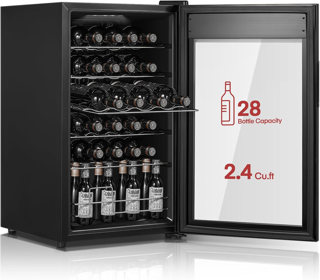 FOHERE 28 Bottles Wine Cooler Refrigerator, Wine Fridge with Double Glass Doors, LED Light, Digital Temperature Control, Wine Cellar for Bar, Home, Office