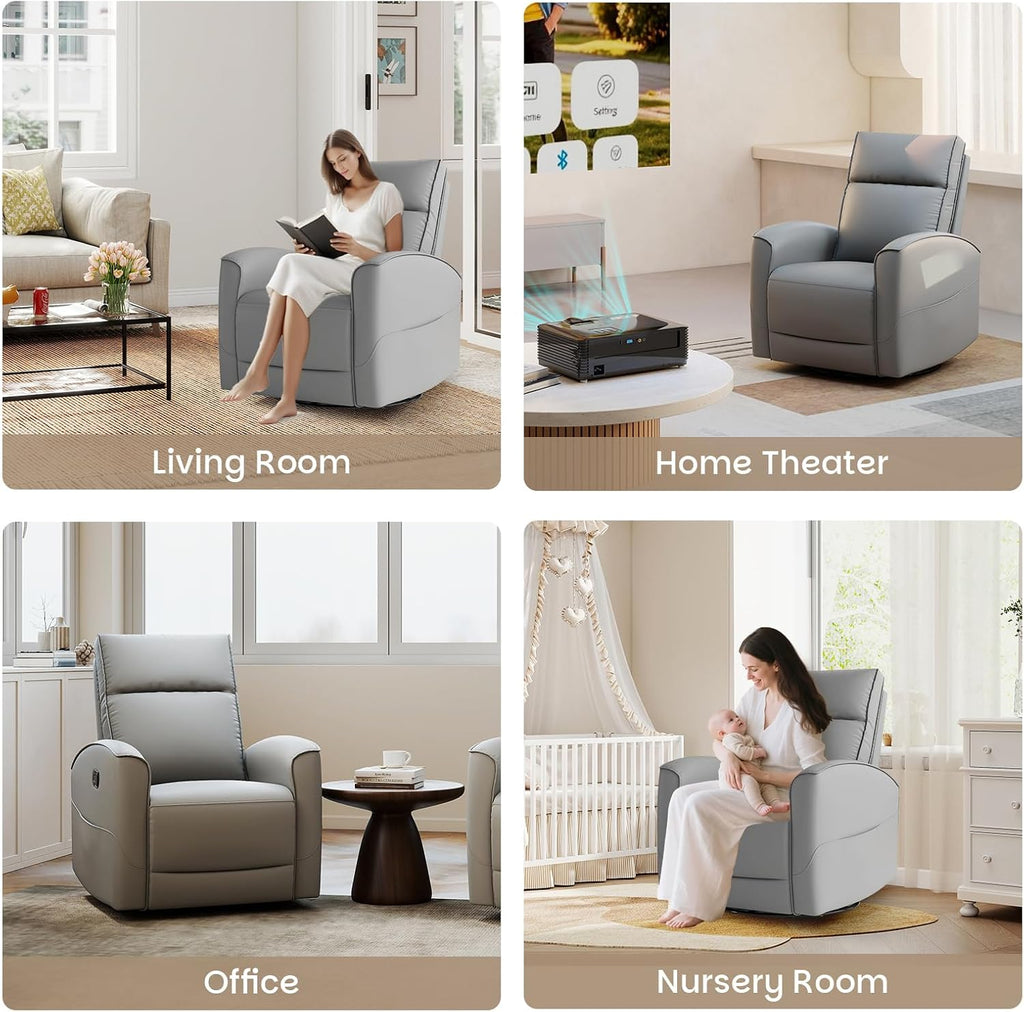 CANMOV Rocker Recliner Chair,360°Swivel Nursery Glider Recliner,Manual Recliner Sofa with Padded Armrest and Backrest,Leather Recliner for Small Spaces,Living Room,Bedroom (Grey)