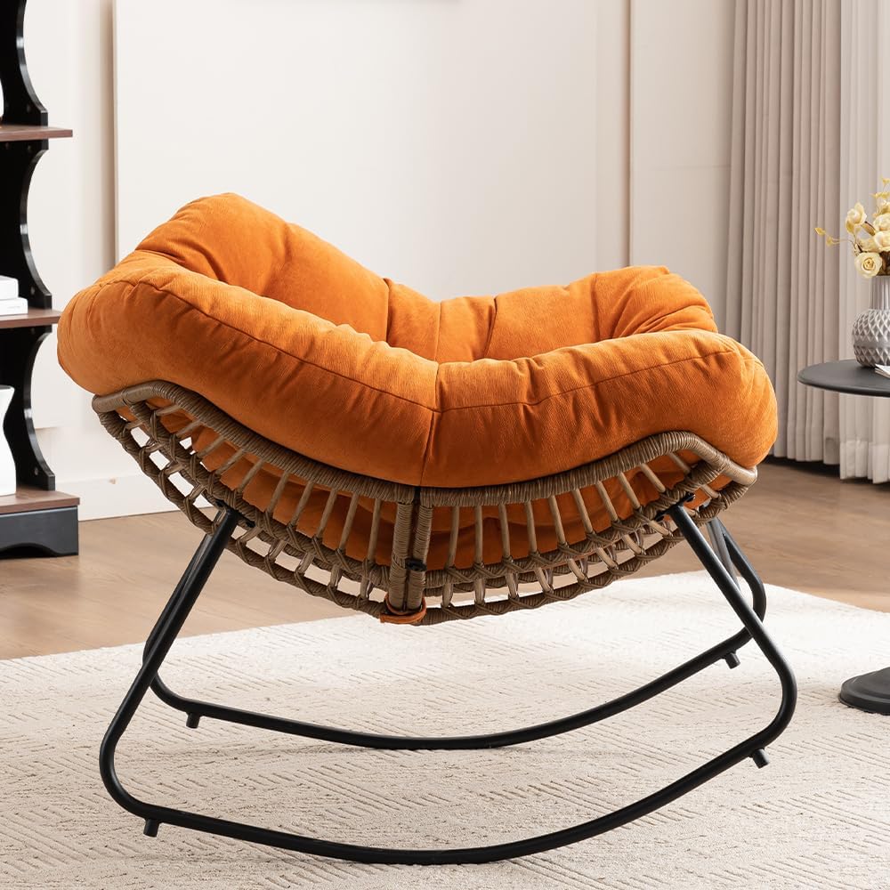 Outdoor Papasan Chair, Oversized Rocking Chair with Cushion and Metal Frame, Patio Lounge Rocking Chair for Balcony Backyard Porch Bedroom Living Room (Orange)