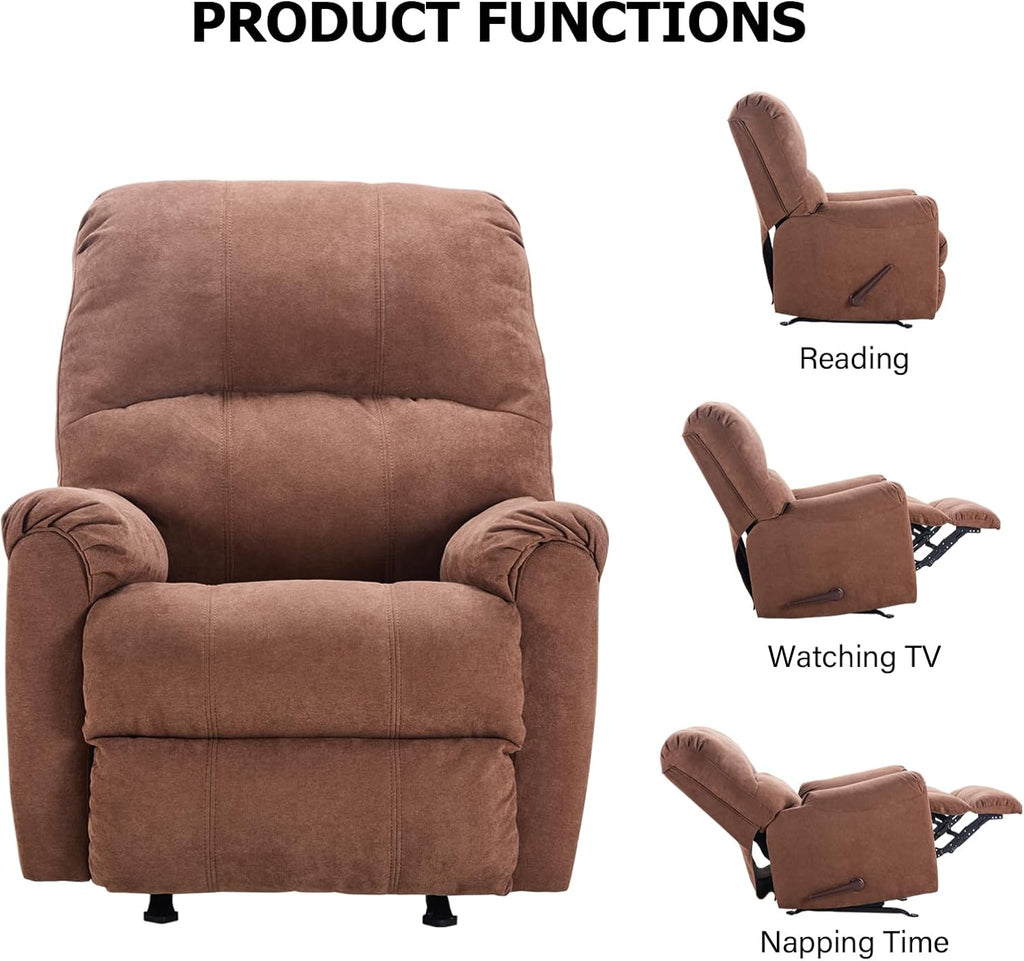 CANMOV Rocker Recliner Chair for Adults,Manual Recliner Chair with Overstuffed Backrest and Armrests, Soft Fabric Manual Rocking Reclining Sofa for Living Room, Brown
