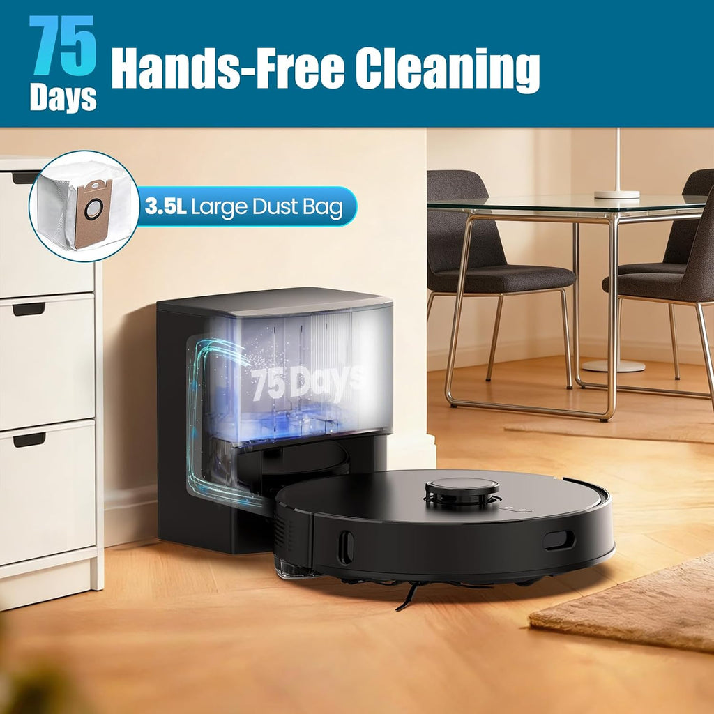 Robot Vacuum and Mop Self-Emptying with 8,000Pa Suction, LiDAR Navigation, Home Mapping, 75-Day Capacity, No-Go Zones, 150 Mins, APP＆Voice Control for Pet Hair, Hard Floors, Carpets, E10+