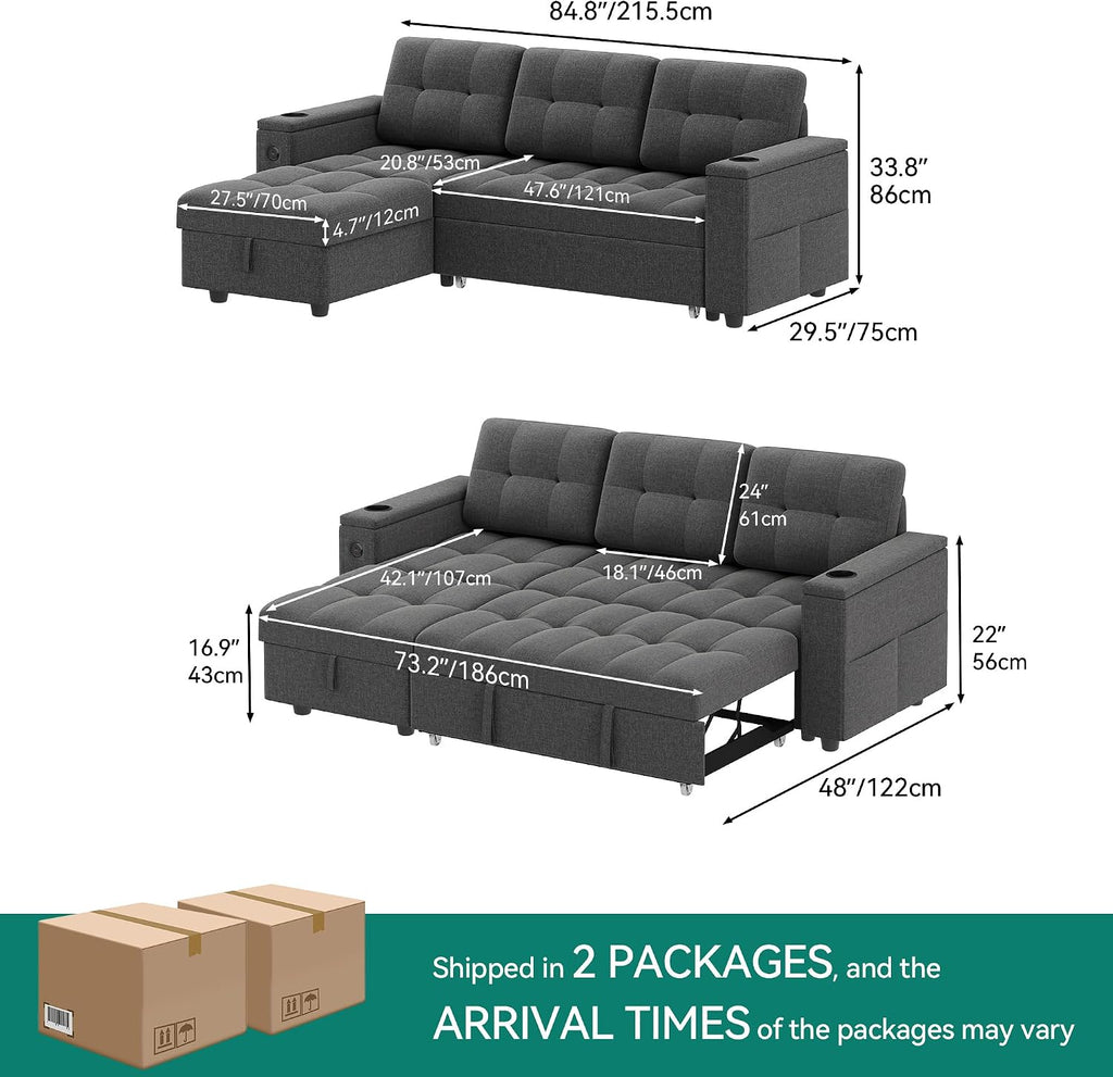 YITAHOME Sleeper Sofa Bed, 3-in-1 Pull Out Sectional Sofa Couch with Storage in Chaise & Armrests, USB & Type-C Ports, Cup Holders, Linen Fabric Pullout Couch for Living Room, Apartment, Dark Gray