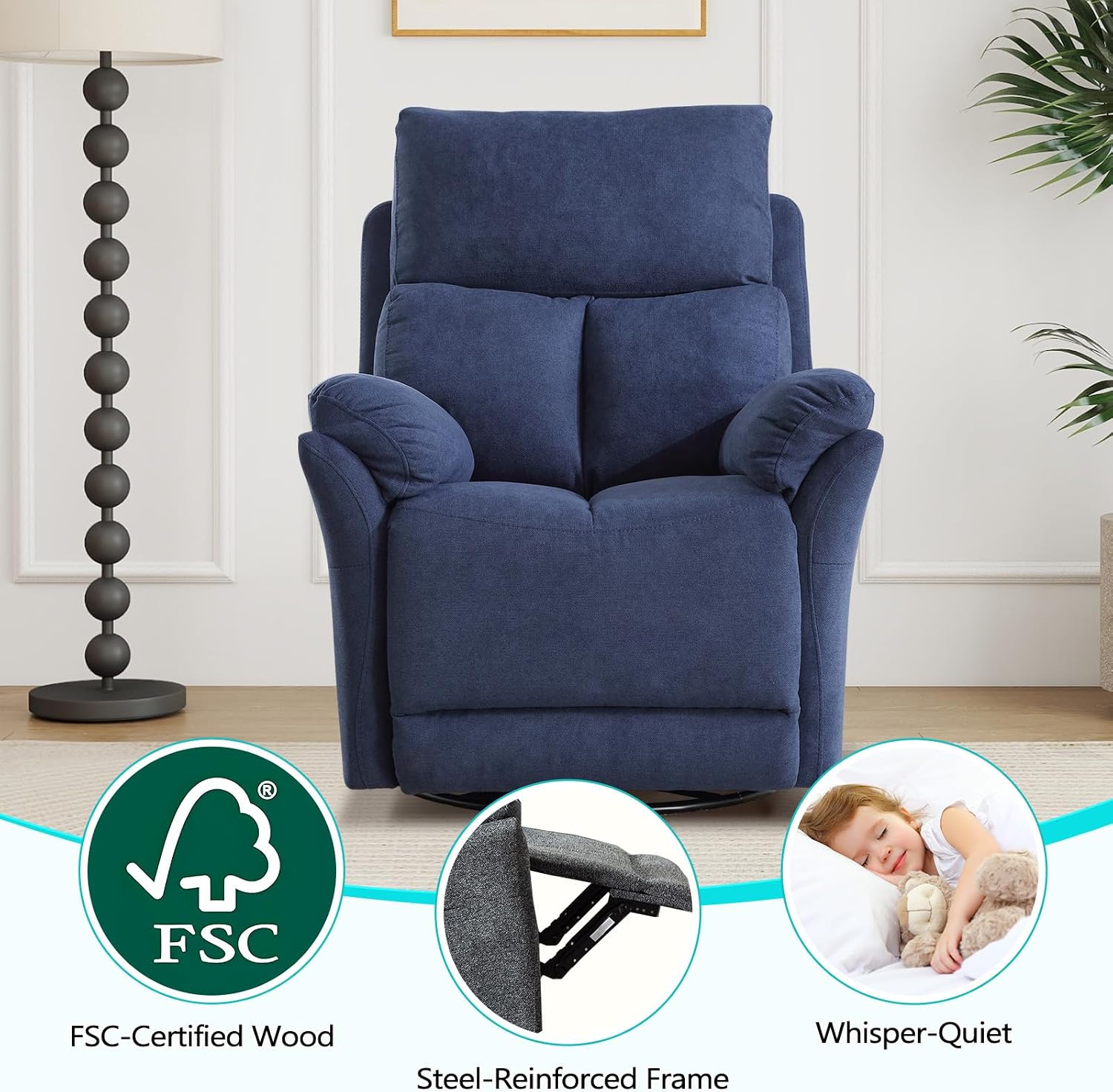 ANJ Manual Fabric Recliner Chair Set of 2, Swivel Rocker Glider, Blue