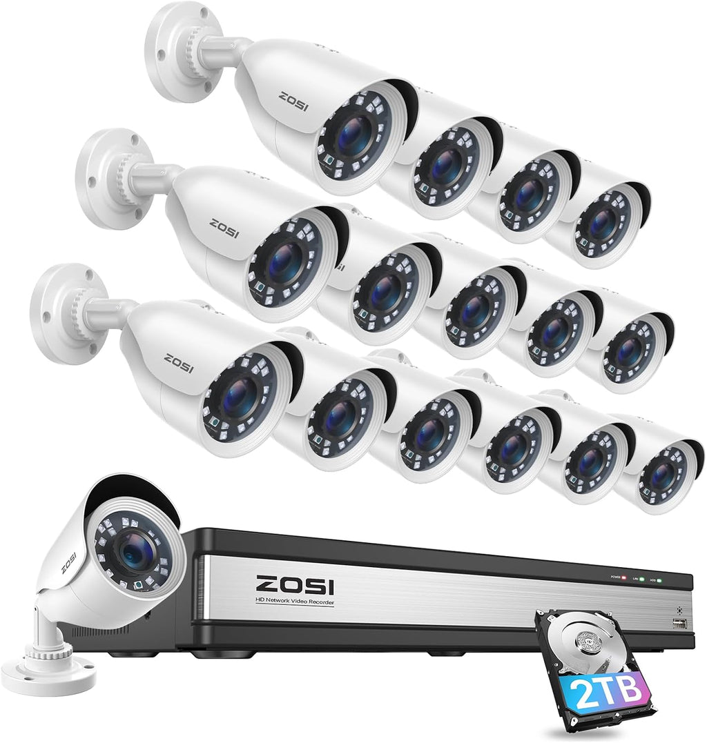 ZOSI H.265+ 1080p 16 Channel Security Camera System, 16CH DVR Recorder with AI Human Vehicle Detect, 16 x 1080p Weatherproof CCTV Bullet Camera Outdoor Indoor 80ft Night Vision, Motion Alerts, 2TB HDD