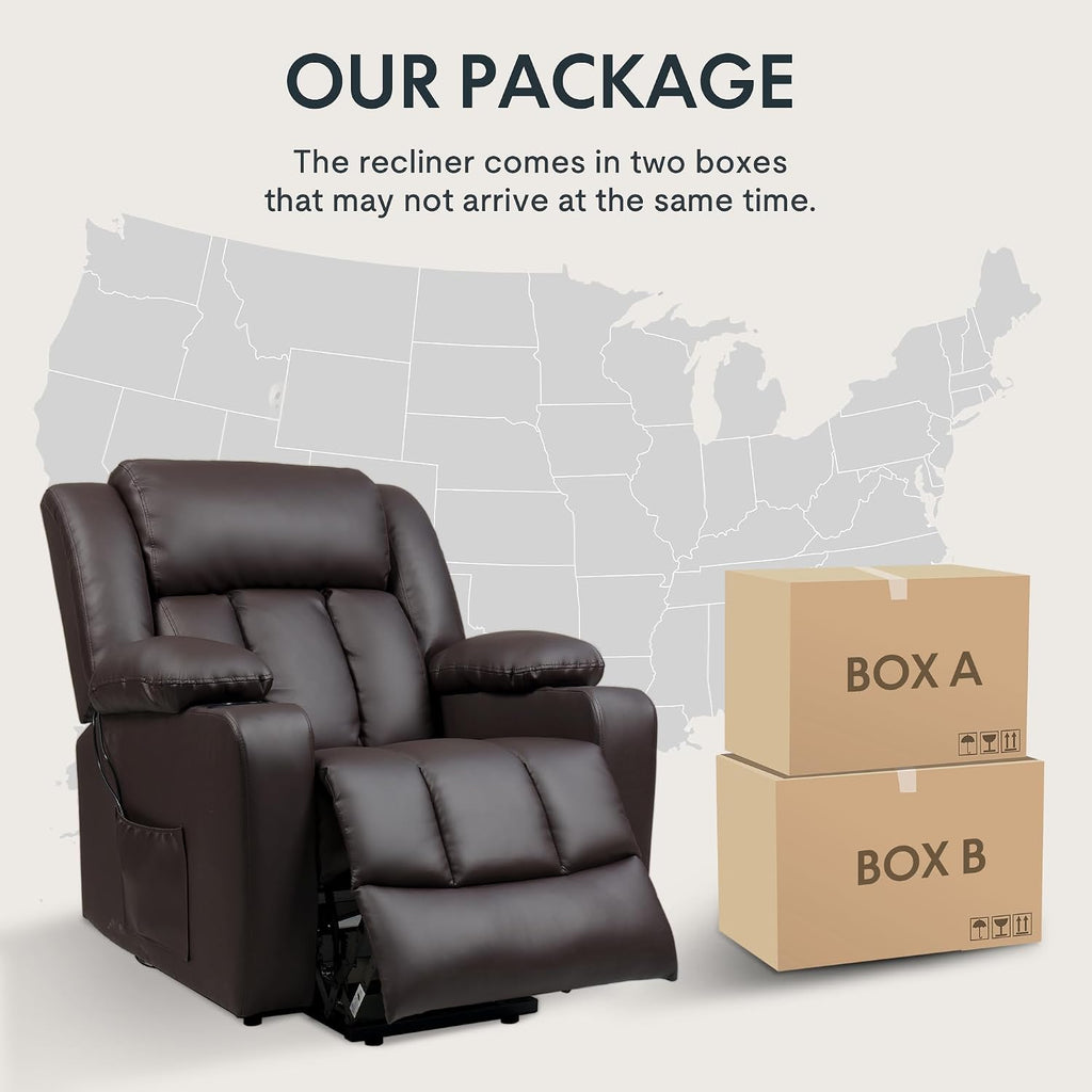 FLEXISPOT XL31 Power Lift Recliner Chair for Elderly, Electric Lift Chair with Massage & Heat, PU Leather Reclining Sofa w/Cup Holders for Living Room Bedroom, FSC Certified(Medium Size,Brown)