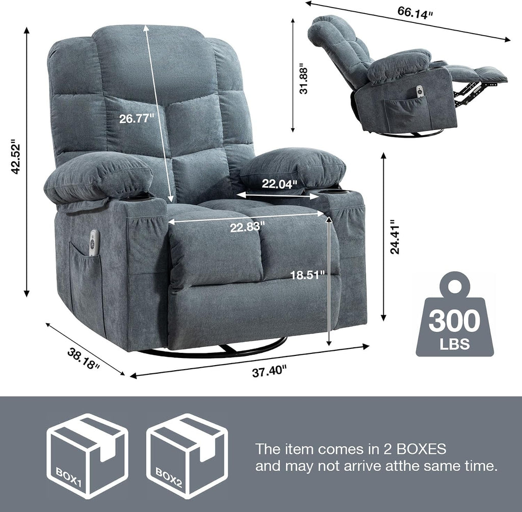 Massage Chair Recliner with Heat&USB,Comfotable Lazy Boy Recliner Chair with Cup Holder&2 Side Pockets,Manual Recliner Chair for Adults,Bread-Shaped,Heavy Duty,Fabric (Blue2)