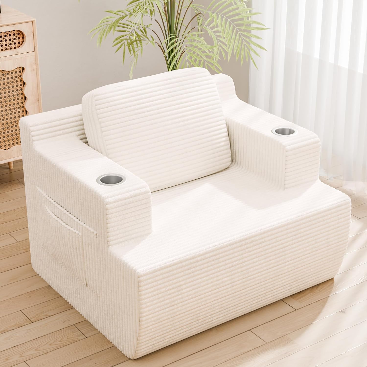 Homall 42' Single Sofa Foam Couch for Small Spaces Upholstered Floor Sofa with Cup Holder & Storage Pocket Boneless Couch for Bedroom Living Room (White, Single)