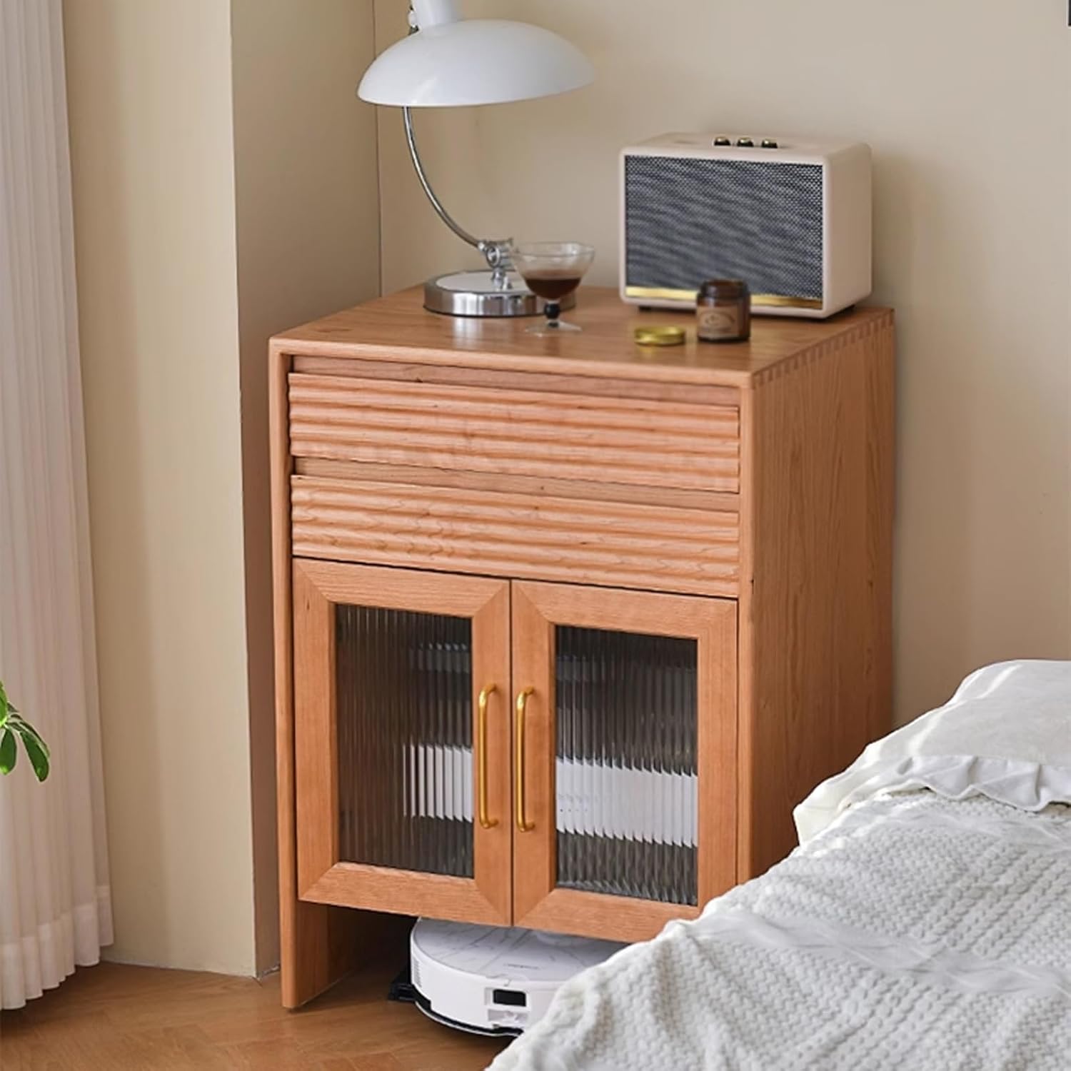Small Storage Cabinet with Doors for Self Emptying Robot Vacuum Cleaner, Couch Side Table Swivel, Home Office Hidden Smart Sweeper Stand with 2 Drawers