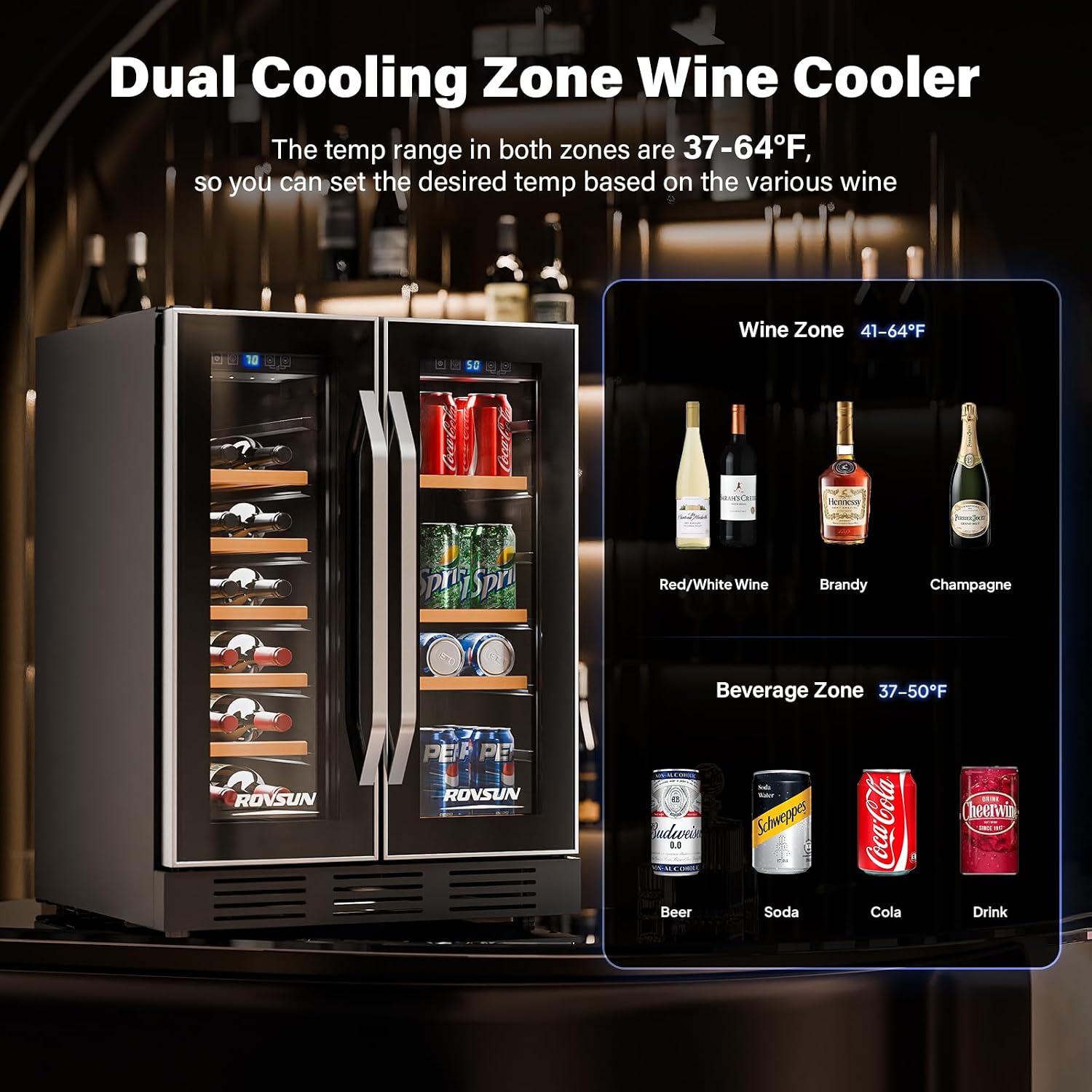 Bonnlo 34 Bottle Dual Zone Wine Cooler Refrigerator, Freestanding Compressor Wine Chiller, Beverage Wine Fridge with Digital Temp Control & Double-layer Glass Door for Red White Wine, Champagne, Beer