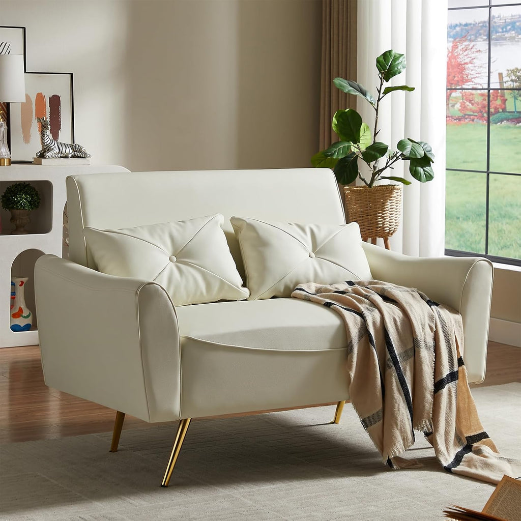 Brelice 48' Faux Leather Loveseat Sofa, Modern Small Couch for Small Space with 2 Pillows, 2 Seater Couch for Living Room, Bedroom, Office, Apartment (Beige)