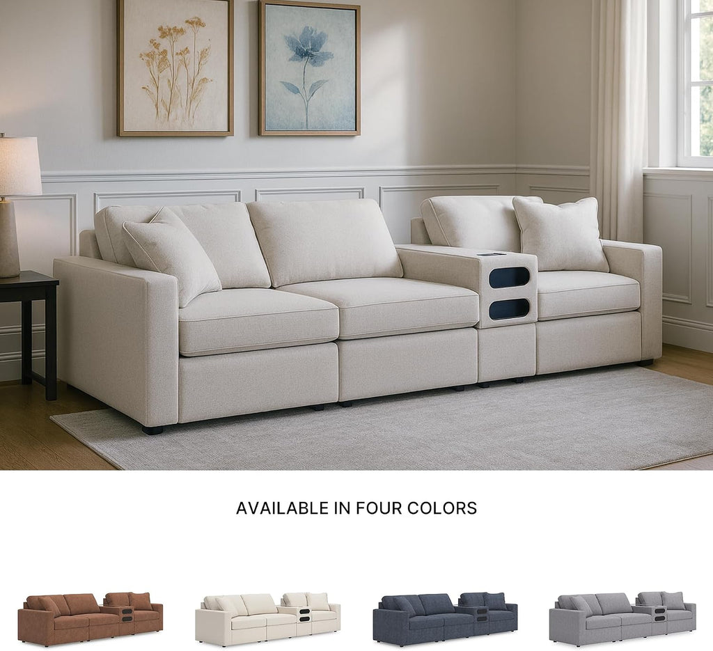 Signature Design by Ashley Modmax Coastal Modular Stain Resistant 4-Piece Sectional with Audio Console, Drawer, USB Ports and 2 Accent Pillows, Beige