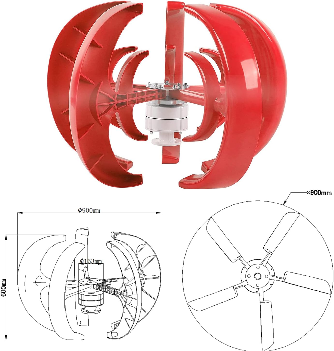 Wind Turbine Generator, 600W-1000W DC 24V 5 Blades Lantern Motor Vertical Axis Windmill with Controller for Garden Home(Low Noise)