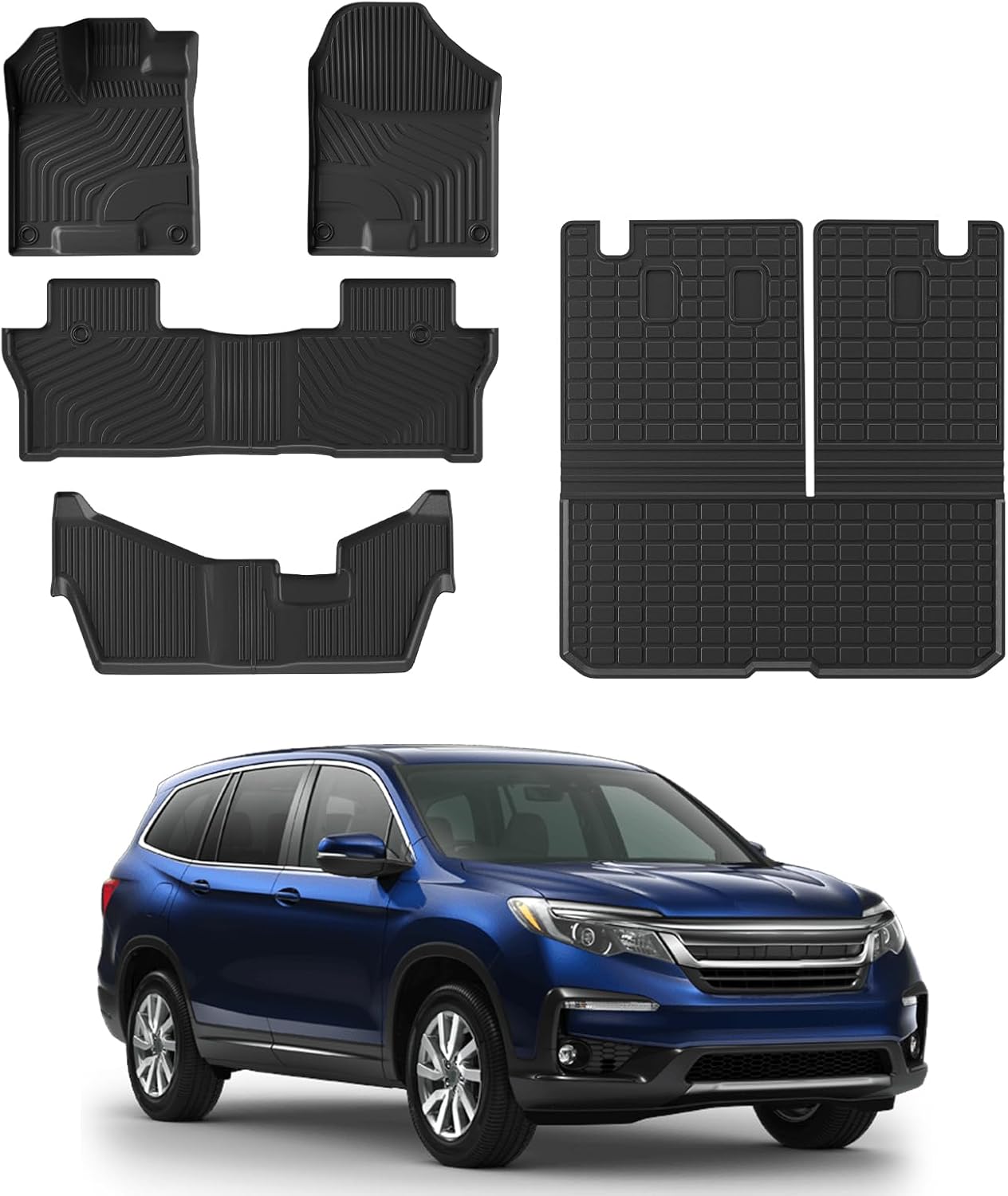 Rongtaod Floor Mats Compatible with 2016-2022 Honda Pilot 8 Seats Trunk Mat Cargo Mat Cargo Liner Back Seat Cover Protector (No Elite Model) Pilot Accessories (Trunk Mat with Backrest Mat+Floor Mats)