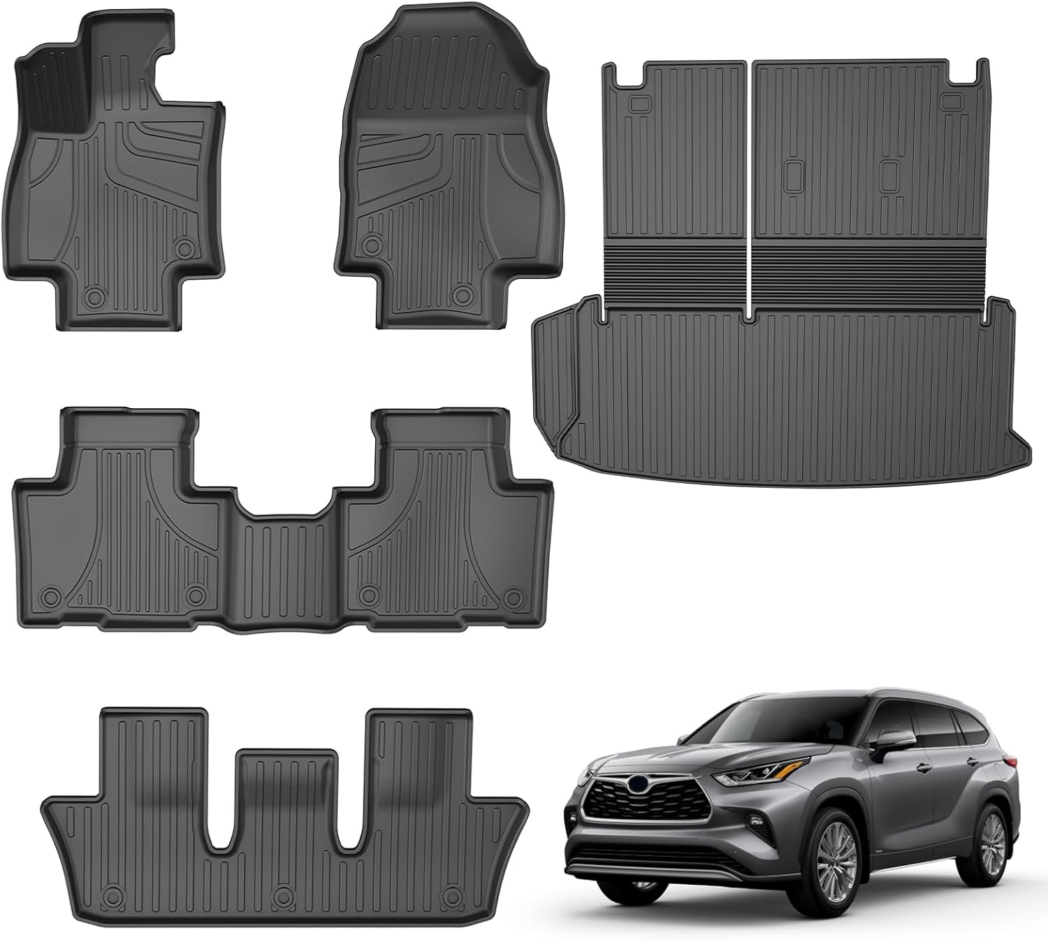 AOMSAZTO Floor Mats and Cargo Mat Compatible with 2024-2025 Toyota Grand Highlander (7 Seats Only): All Weather TPE Protection Full Set Grand Highlander Floor Liners (Not Fit Highlander)