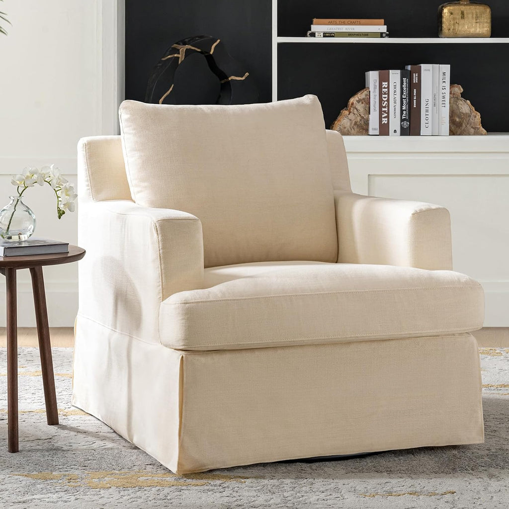 HULALA HOME Swivel Rocker Chair with Solid Wood Frame, Farmhouse Swivel Rocking Accent Chair with Washable Slipcover, Upholstered Barrel Armchair Down Blend Back and Seat Cushions, Linen