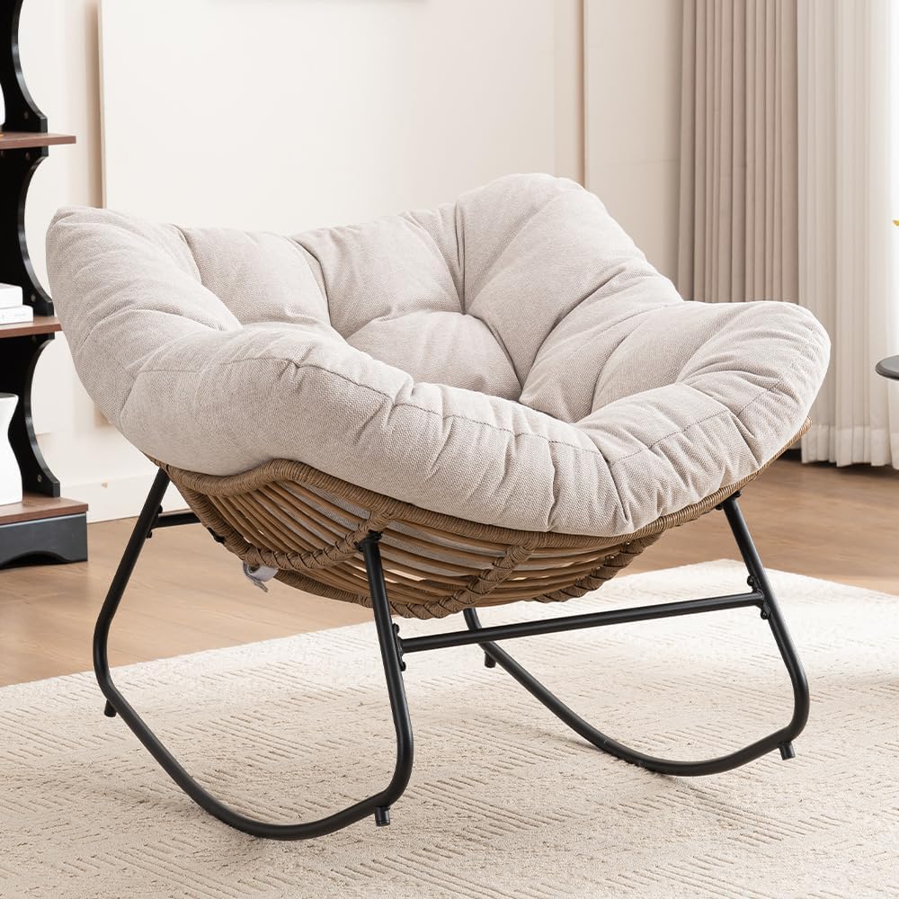 Outdoor Papasan Chair, Oversized Rocking Chair with Cushion and Metal Frame, Patio Lounge Rocking Chair for Balcony Backyard Porch Bedroom Living Room (Light Beige)