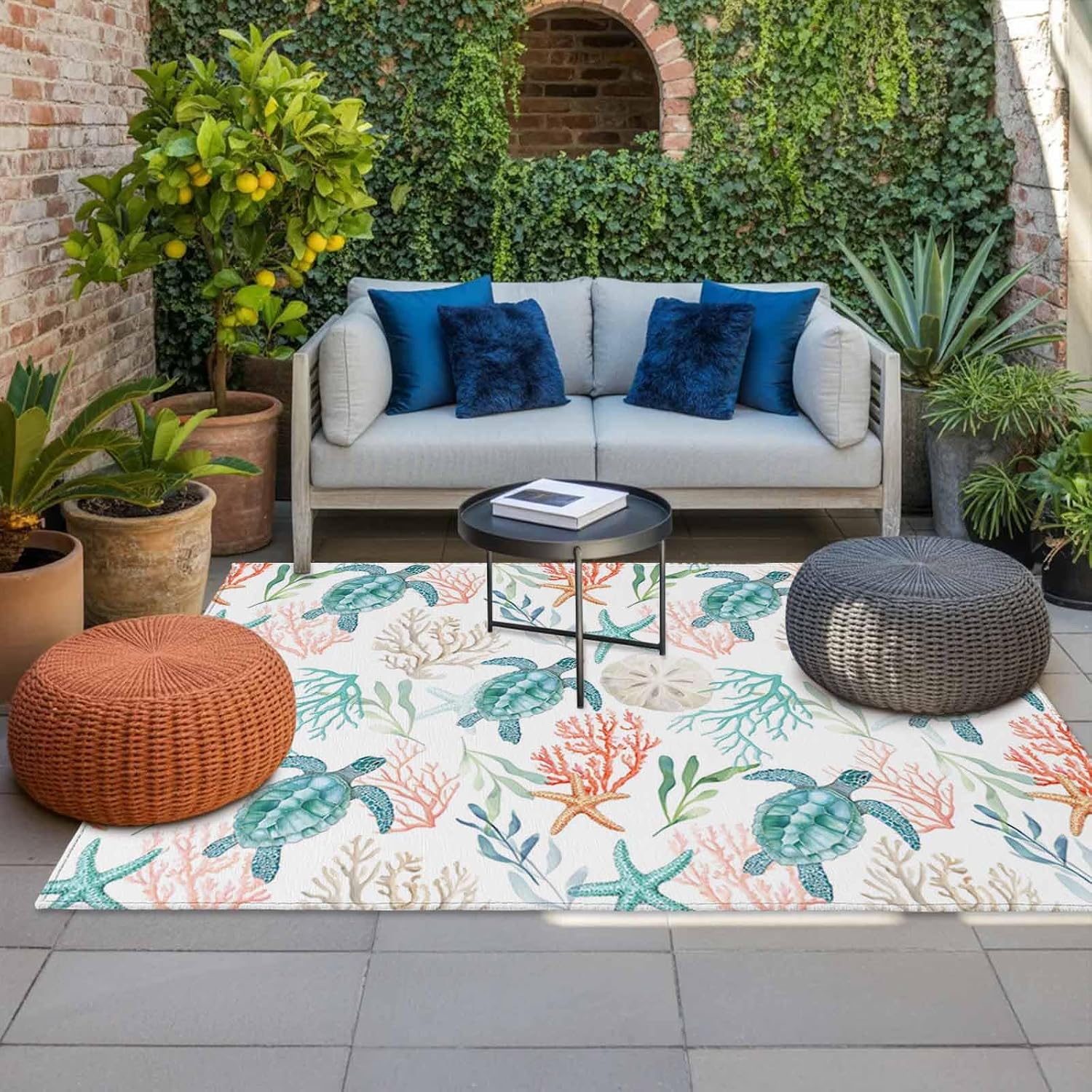 Teal Red Coastal Outdoor Rug for Patio/Deck/Porch, Non-Slip Large Area Rug 5 x 8 Ft, Beach Nautical Sea Turtle Coral Starfish Indoor Outdoor Rugs Washable Area Rugs, Camping Rug Carpet Runner