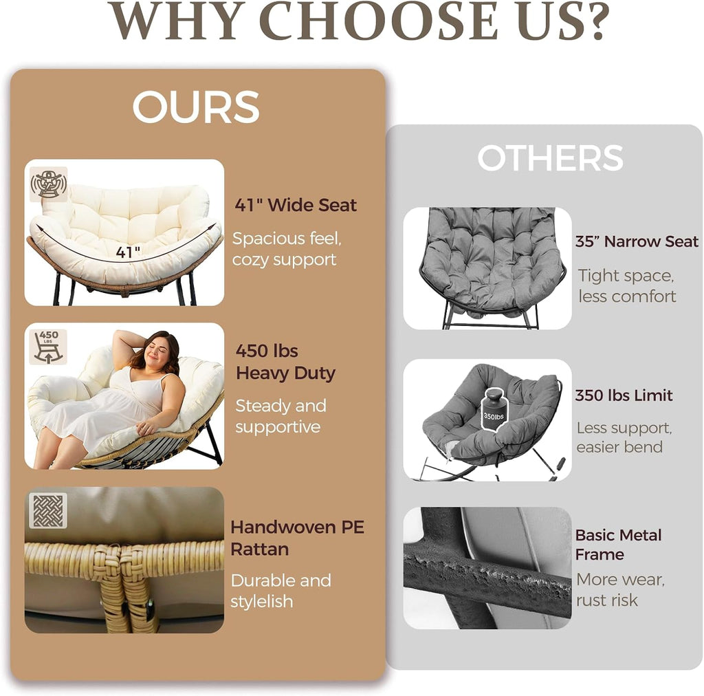 FINCATI 2 Person Egg Rocking Chair with Ottoman and Cushion, Double Large Wide Oversized Papasan Lounge Chairs, PE Wicker Comfy Loveseat, Reading Glider for Indoor Outdoor Balcony Living Room, Beige