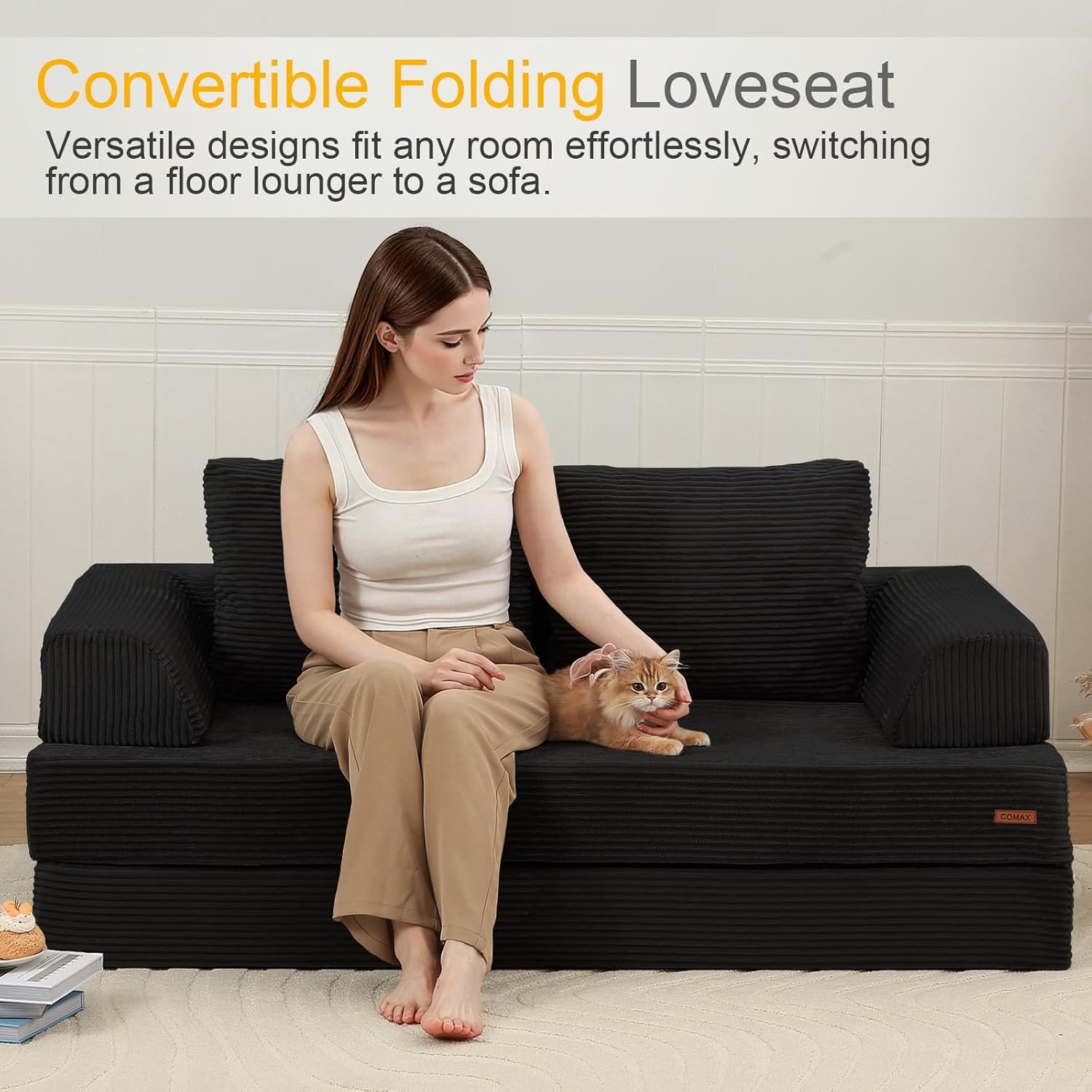COMAX Convertible Sofa Bed – Folding Floor Couch Loveseat with Corduroy Cover & Pillows, Black | Multi‑Mode Lounger, Futon Sleeper Mattress for Living Room & Bedroom