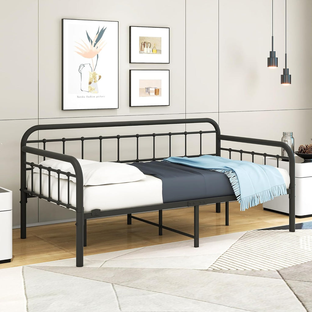 HOMERECOMMEND Metal Daybed Frame Heavy Duty Metal Slats Sofa Bed Platform Mattress Foundation Twin Day Bed Black Sanded Color