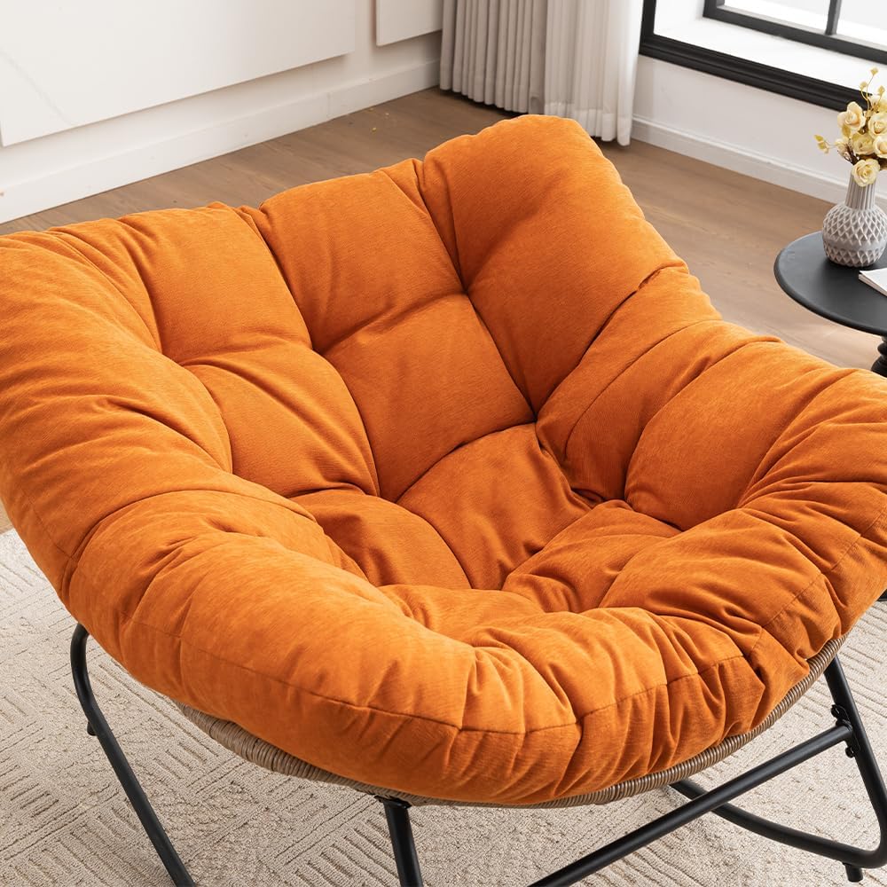 Outdoor Papasan Chair, Oversized Rocking Chair with Cushion and Metal Frame, Patio Lounge Rocking Chair for Balcony Backyard Porch Bedroom Living Room (Orange)