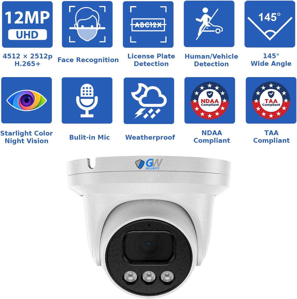 GW Security 16 Channel NVR UltraHD 12MP 6K Face/Human/Vehicle/License Plate Detection Security Camera System with 8 x 12MP IP Microphone Smart AI Dome Camera, Color Night Vision, Outdoor/Indoor Camera