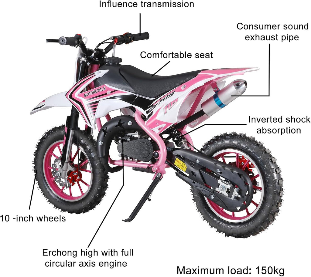 49cc 2-Stroke Kids Dirt Bike, Gas Power Motocross, Off Road Mini Motorcycle, Pocket Motorbike with Front Rear Disc Brakes, Racing Max Speed 30KM/H (Red)