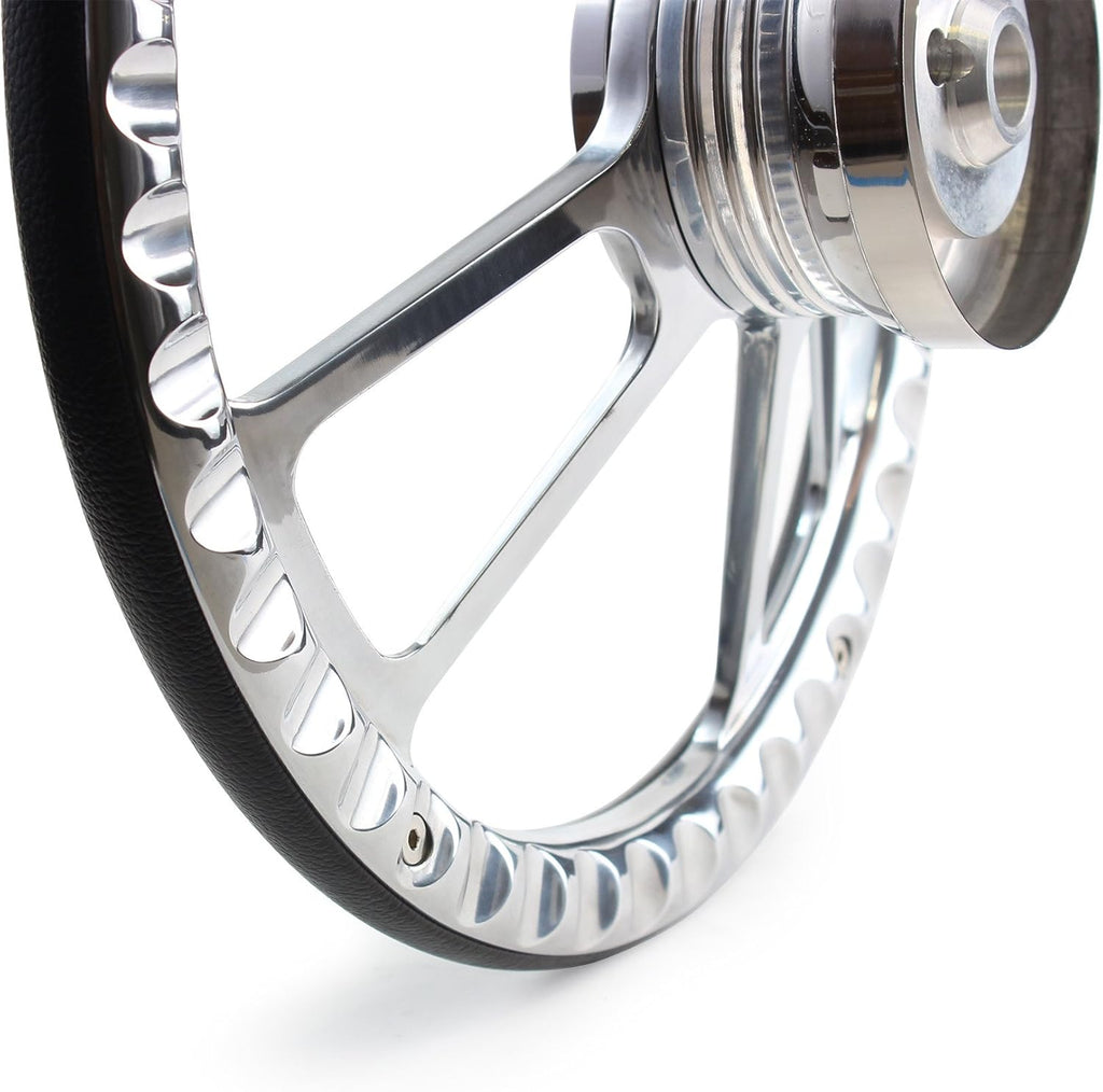 Boat Steering Wheel 14 Inch Aluminum With Black Vinyl Half Wrap, Horn Button, and Installation Adapter