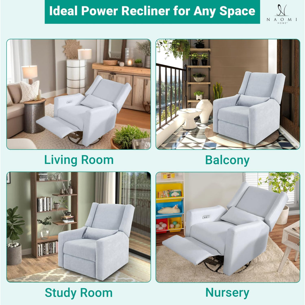 Naomi Home Tanya Luxury Motion Recliner Chair, Light Gray – Plush Upholstered Glider Rocker with USB Charging, Swivel, and Lumbar Support for Nursery Comfort, 275 lbs Capacity
