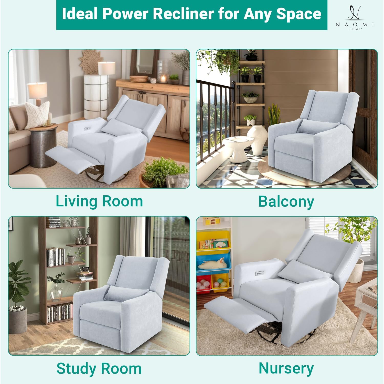 Naomi Home Tanya Luxury Motion Recliner Chair, Light Gray – Plush Upholstered Glider Rocker with USB Charging, Swivel, and Lumbar Support for Nursery Comfort, 275 lbs Capacity