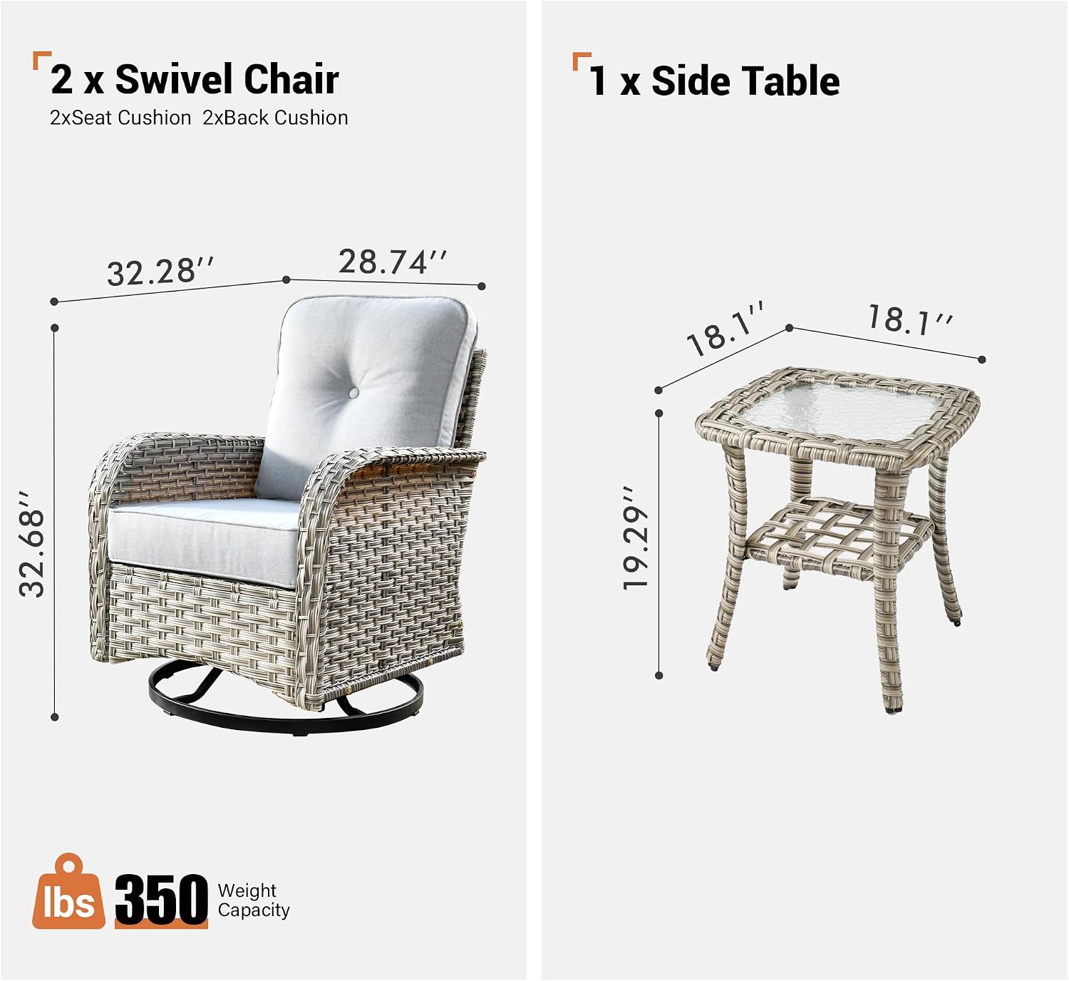 ovios Outdoor Swivel Rocking Chair Set of 3 with Coffee Table, Patio Wicker Rocker with Comfortable Thicken Deep Seating, Comfy Rattan Glider Chairs for Porch Deck Balcony Garden Backyard, Grey