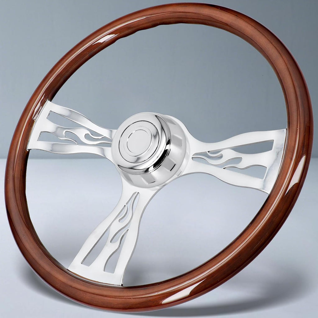 Sorghum 18' Solid Wood Steering Wheel - 3 Spokes Aluminum Chrome Classic Steering Wheel with Horn Button for Trucks Compatible with Mack Kenworth Peterbilt Volvo Freightliner-Flame Designs