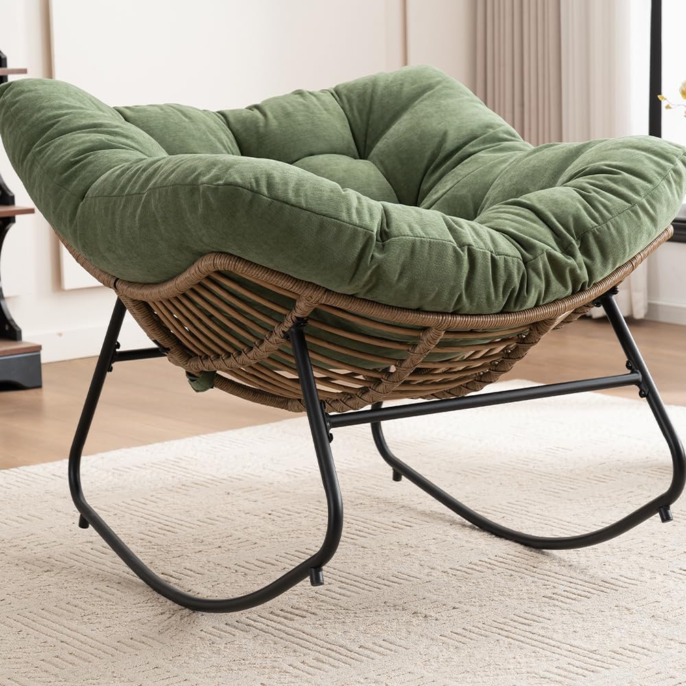 Outdoor Papasan Chair, Oversized Rocking Chair with Cushion and Metal Frame, Patio Lounge Rocking Chair for Balcony Backyard Porch Bedroom Living Room (Green)