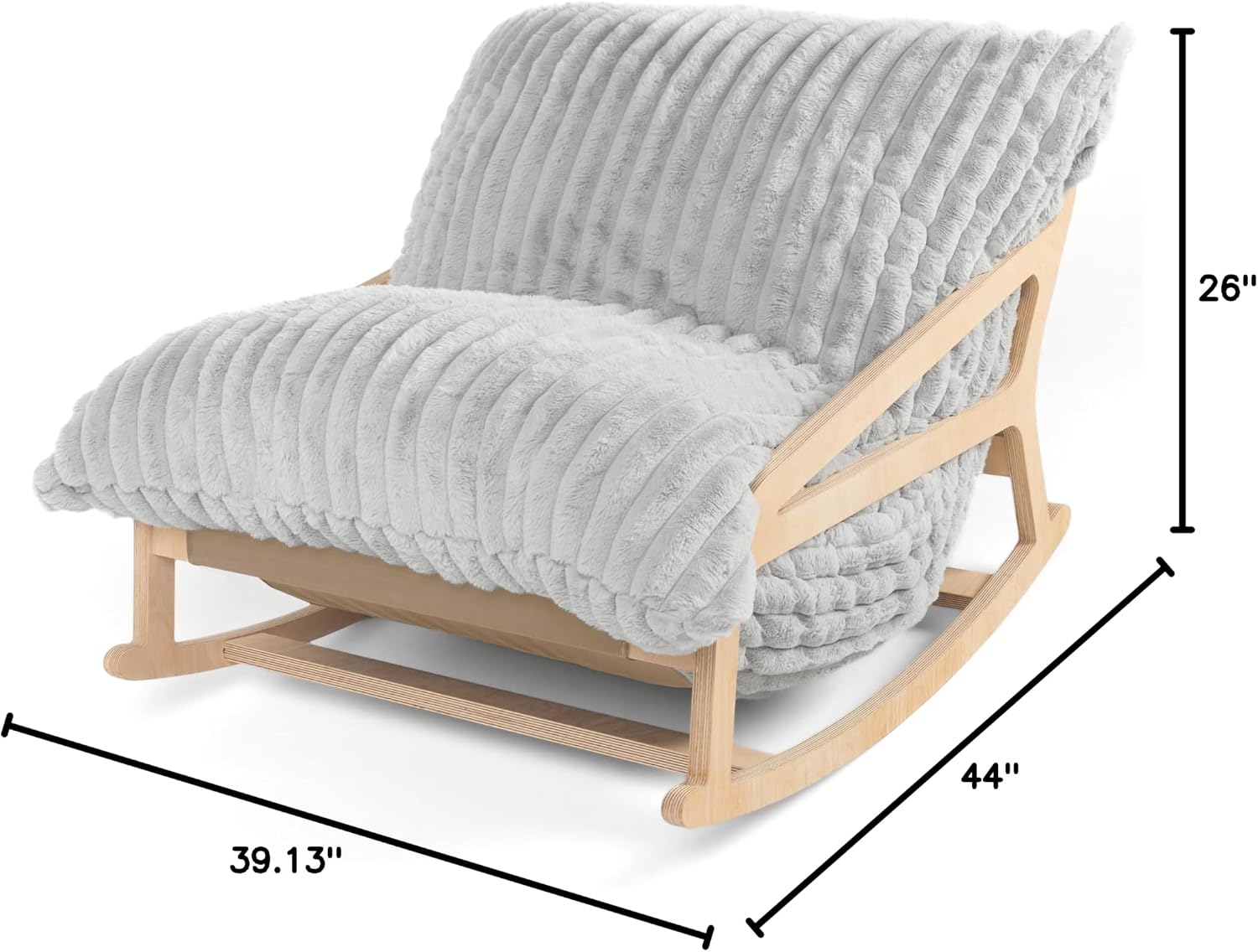 Pillow Saxx Bean Bag Rocking Chair - Elegant Oversized Rocker with Modern Wood Frame, Mondo Fur Grey