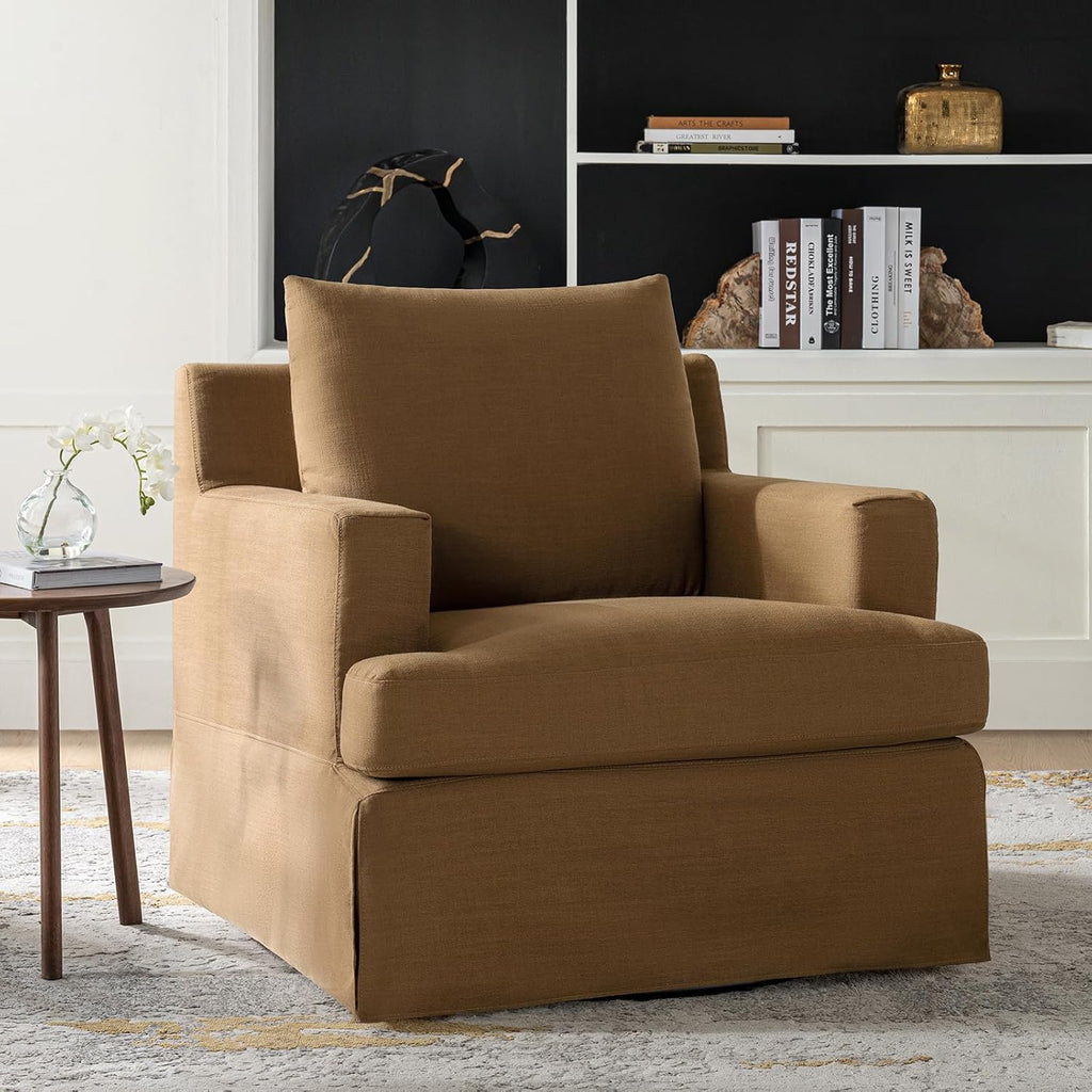 HULALA HOME Swivel Rocker Chair with Solid Wood Frame, Farmhouse Swivel Rocking Accent Chair with Washable Slipcover, Upholstered Barrel Armchair Down Blend Back and Seat Cushions, Golden