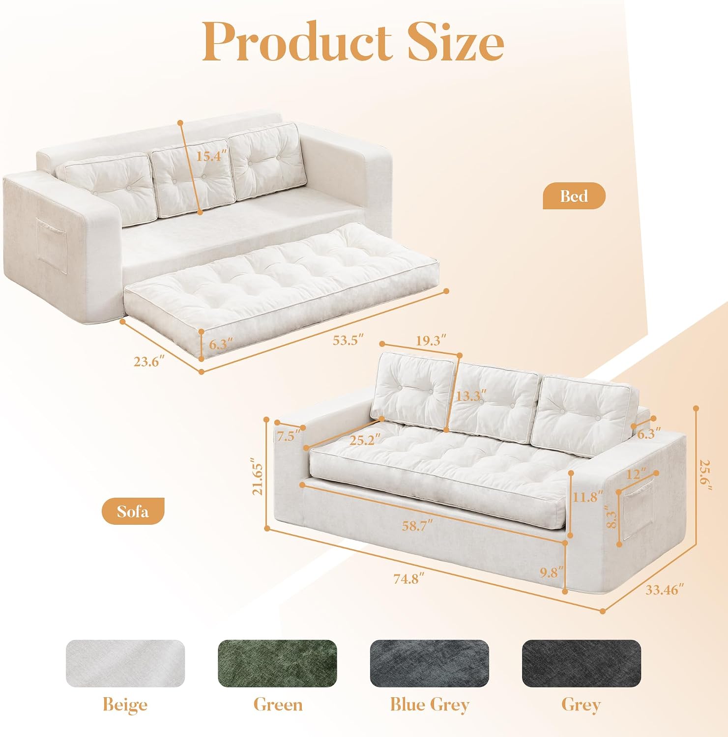 Hobestluk 3-Seater Sofa Boneless Couch with Tufted Button Design 2 in 1 Comfy Cloud Couch Oversized Sofa for Living Room Bedroom Apartment or Office (Beige, 3 Seater)