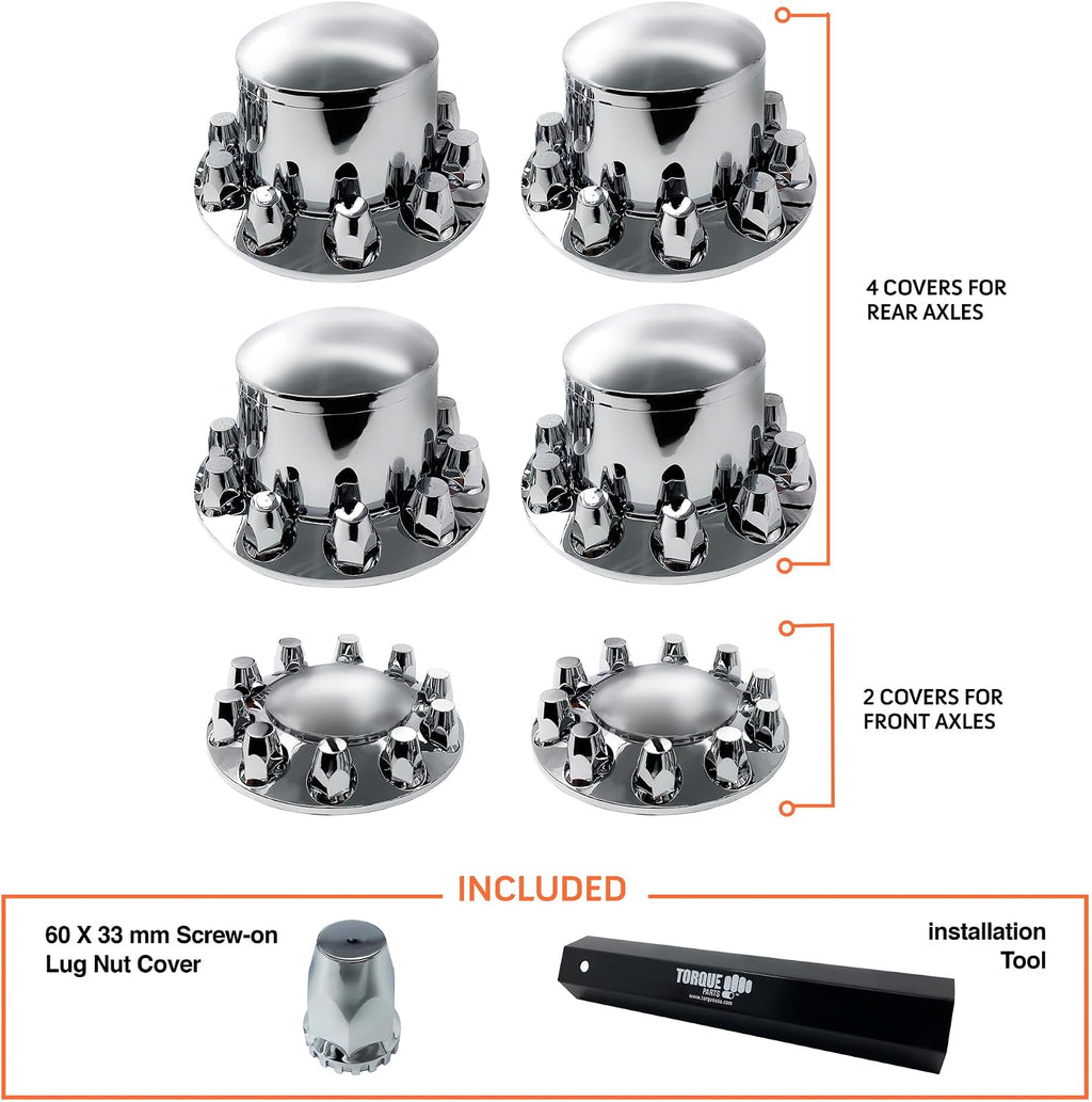 TORQUE Chrome Front and Rear Axle Complete Wheel Cover Set 33mm Screw-on Lug Nut Covers for Semi Trucks (Installation Tool Included) Standart Hub Caps Kit (2 Front & 4 Rear) (TR082)