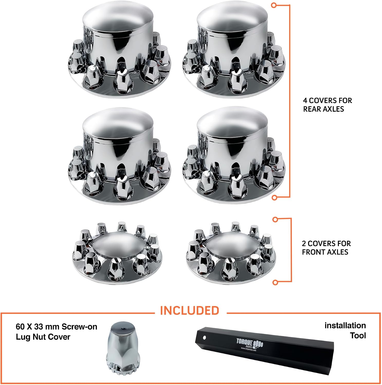 TORQUE Chrome Front and Rear Axle Complete Wheel Cover Set 33mm Screw-on Lug Nut Covers for Semi Trucks (Installation Tool Included) Standart Hub Caps Kit (2 Front & 4 Rear) (TR082)