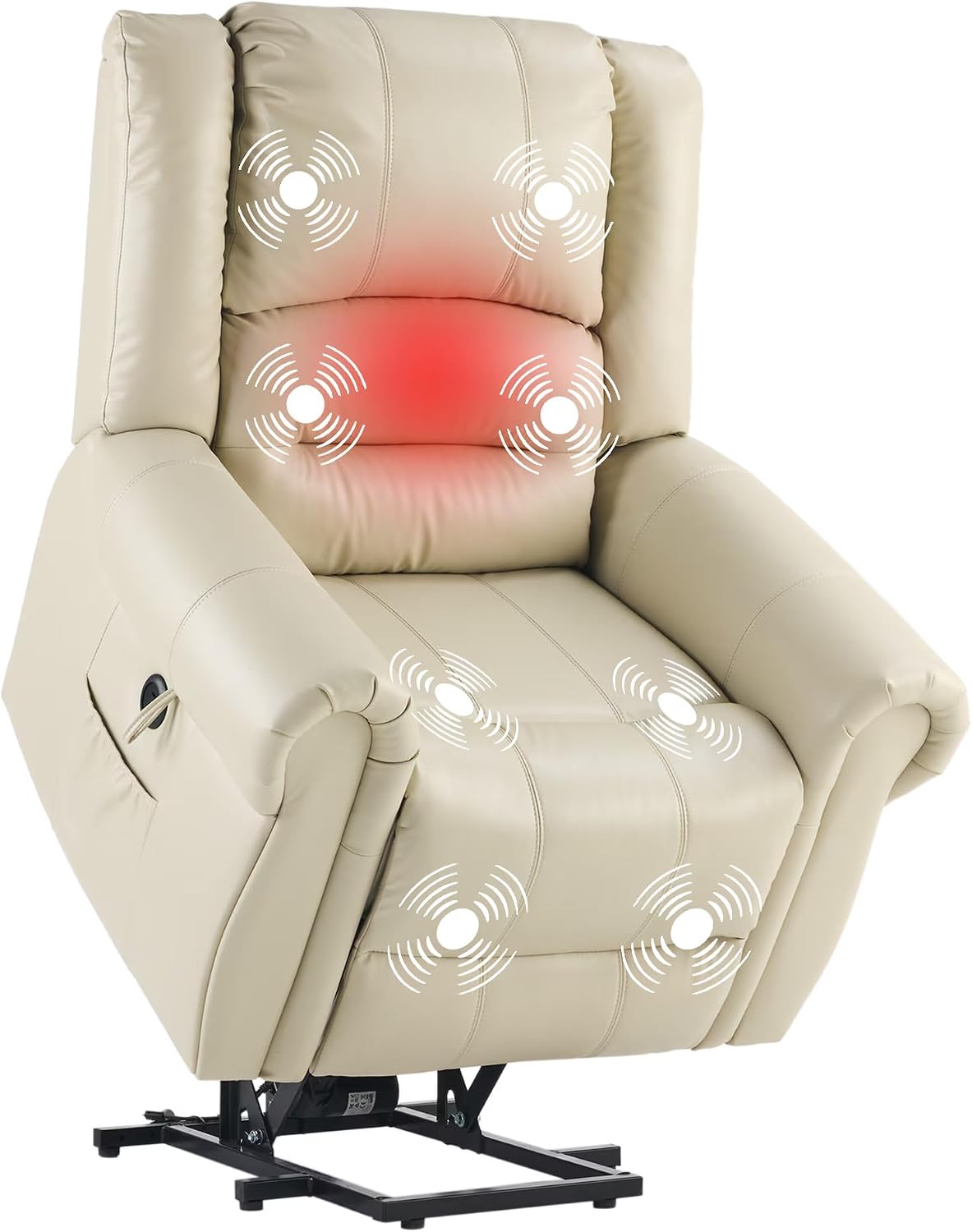 FLEXISPOT Power Lift Recliner Chair for Elderly with Heat & Massage, Faux Leather Electric Reclining Chair for Seniors with USB Ports, Cup Holders & Side Pockets, Cream