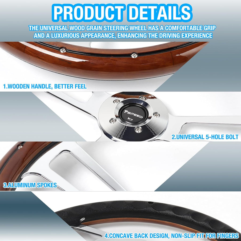 18' Solid Wood lacquering Truck Steering Wheel,Real Wood Grip 3 Spokes 5-Bolt Chrome-Plated aluminum Classic Steering Wheel fit for Kenworth,for Peterbilt,for Volvo,for Freightliner