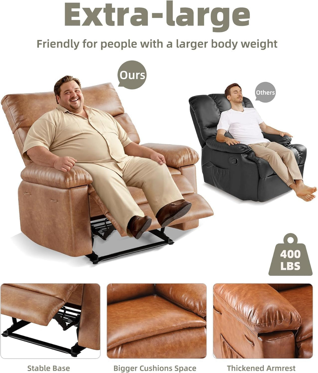 Oversized Recliner Chair with Heating & Massage, XL Faux Leather Nursery Rocking Chairs for Adults with Cup Holder and Side Pockets, Swivel Chair for Living Room, Bedroom Retro