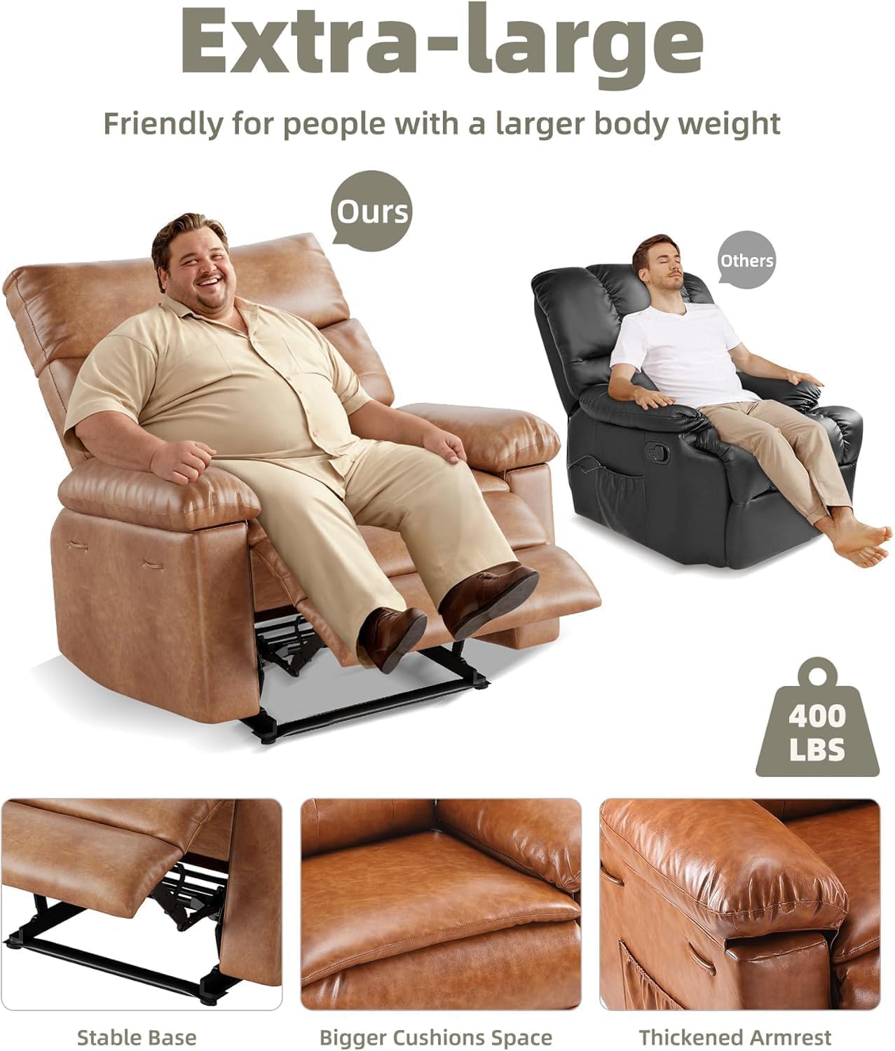 Oversized Recliner Chair with Heating & Massage, XL Faux Leather Nursery Rocking Chairs for Adults with Cup Holder and Side Pockets, Swivel Chair for Living Room, Bedroom Retro