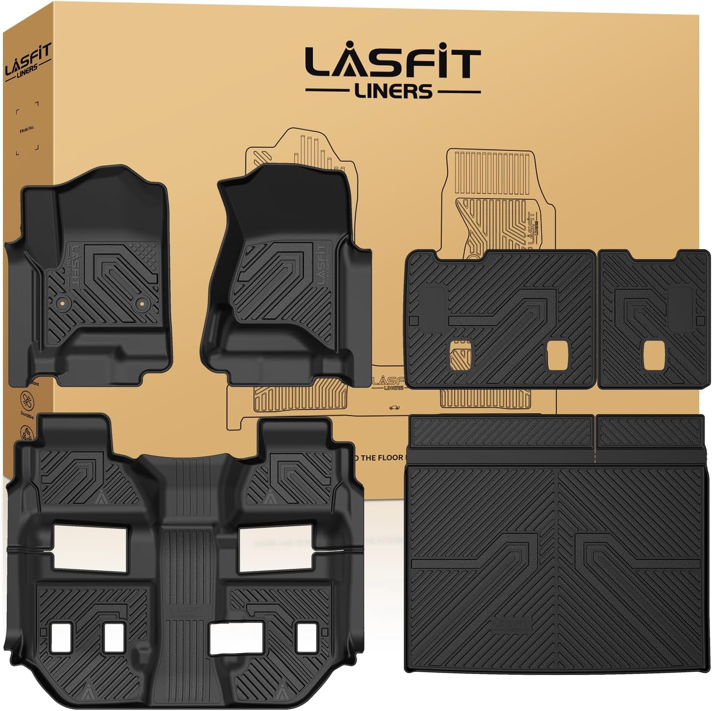 LASFIT Floor Mats & Cargo Liner with Backrest Mat 2015-2020 for 7-Seater GMC Yukon XL(Only Yukon XL, Not Fit Yukon) & Chevy Suburban (Not fit 8/9 Seater), All Weather TPE Custom Fit Car Floor Liner
