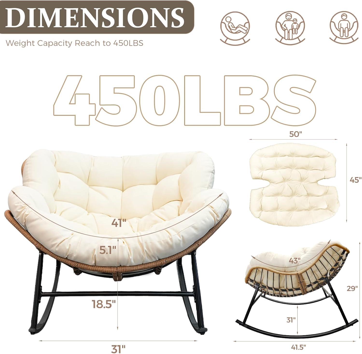 FINCATI 2 Person Egg Rocking Chair with Ottoman and Cushion, Double Large Wide Oversized Papasan Lounge Chairs, PE Wicker Comfy Loveseat, Reading Glider for Indoor Outdoor Balcony Living Room, Beige
