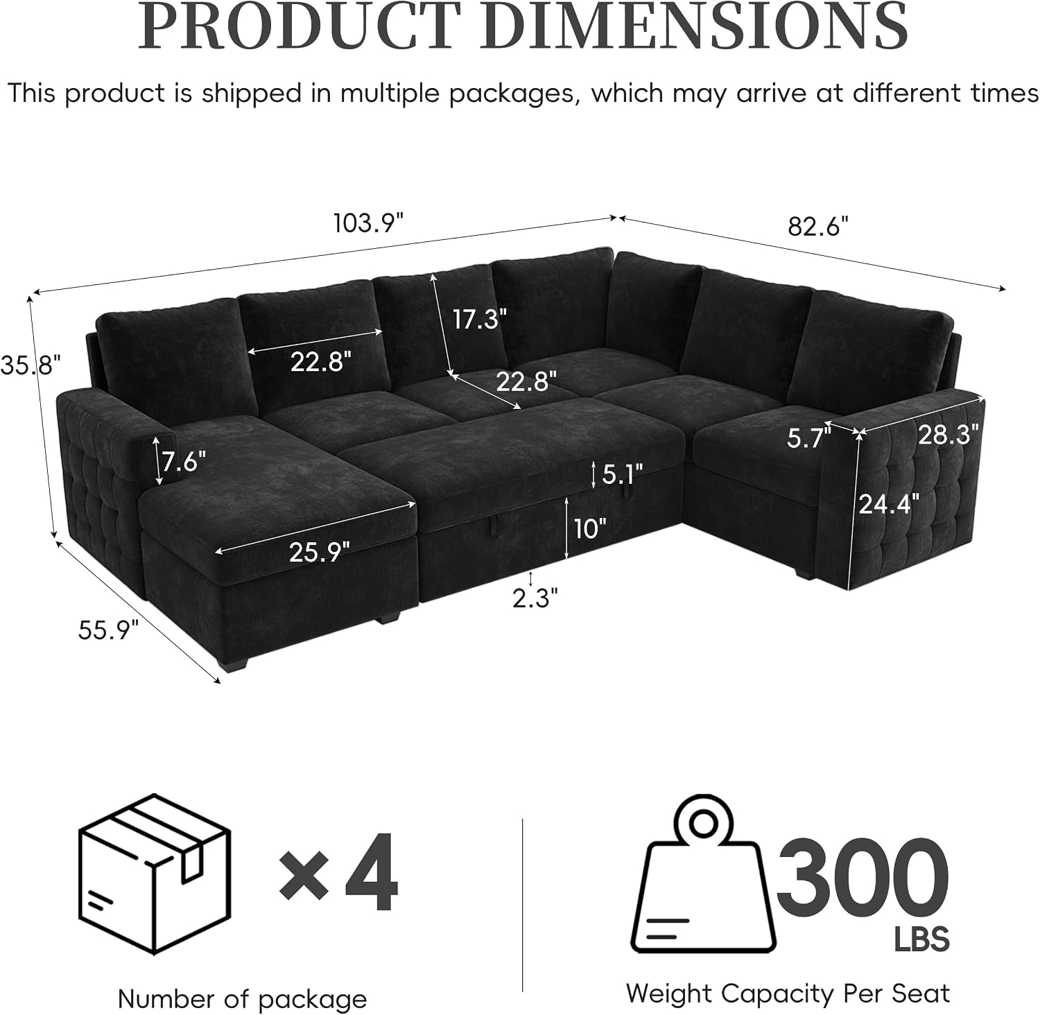 104' Sectional Sleeper Sofa Bed, Pull Out Couch with Storage, Modular Cloud Sofa with Chaise, 7 Seat U Shaped Sectional Couches for Living Room& Apartment, Convertible Sofas, Black Couch